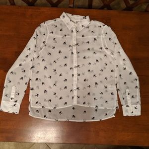 Aeropostale Sheer White Blouse with Black Birds